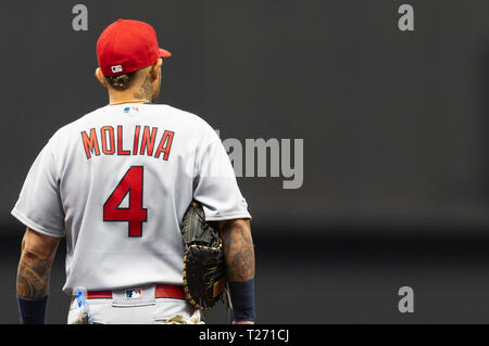 Milwaukee, WI, Stati Uniti d'America. 29 Mar, 2019. Louis Cardinals catcher Yadier Molina #4 prima dell' inizio della Major League Baseball gioco tra il Milwaukee Brewers e St. Louis Cardinals a Miller Park di Milwaukee, WI. John Fisher/CSM/Alamy Live News Foto Stock