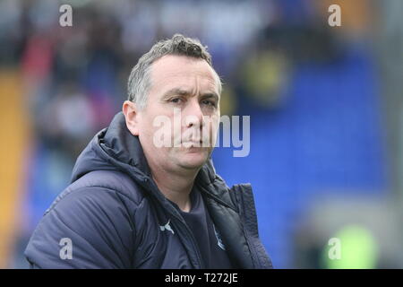 Birkenhead, Wirral, Regno Unito. Il 30 marzo, 2019. Tranmere Rovers Manager Micky Mellon in vista del campionato EFL due match con Carlisle Regno a Prenton Park che Tranmere Rovers ha vinto 3-0. Foto Stock