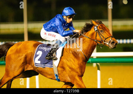 Meydan, Dubai, STATI UNITI D'AMERICA. 30 Mar, 2019. DUBAI, Emirati Arabi Uniti - 30 Marzo: Persiano antico, cavalcato da William Buick, vince il Dubai Sheema Classic all Ippodromo di Meydan su Marzo 30, 2019 a Dubai, Emirati Arabi Uniti. Kaz Ishida/Eclipse Sportswire/CSM/Alamy Live News Foto Stock