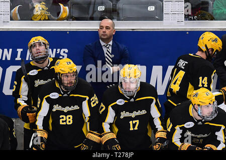 Il Dakota del Nord, Stati Uniti d'America. Il 30 marzo 2019. American International giacche gialle head coach Eric Lang si affaccia su durante il NCAA maschile di hockey West Regional partita di campionato tra la American International College giacche gialle e i pionieri di Denver a Scheels Arena, a Fargo, ND. Denver sconfitto AIC 3-0 per passare alle quattro congelati. Foto di Russell Hons/CSM Credito: Cal Sport Media/Alamy Live News Foto Stock