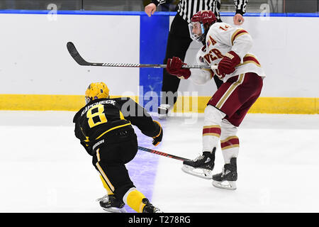 Il Dakota del Nord, Stati Uniti d'America. Il 30 marzo 2019. Denver pionieri in avanti Jarid Lukosevicius (14) i germogli e i punteggi su una rete di vuoto in prossimità della estremità del NCAA maschile di hockey West Regional partita di campionato tra la American International College giacche gialle e i pionieri di Denver a Scheels Arena, a Fargo, ND. Denver sconfitto AIC 3-0 per passare alle quattro congelati. Foto di Russell Hons/CSM Credito: Cal Sport Media/Alamy Live News Foto Stock