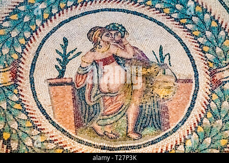 Incredibilmente ben conservato mosaici in rovine dell antica villa romana della Villa Romana del Casale, nei pressi di Piazza Armerina, sud della Sicilia, Italia. Foto Stock