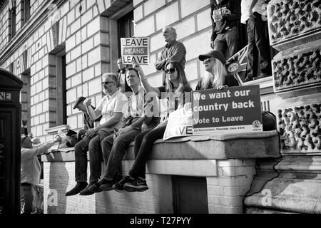 Pro Brexit marzo 29/3/2019 manifestanti seduti su una parete, la piazza del Parlamento, Westminster, Londra, Regno Unito Foto Stock