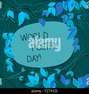 Testo della scrittura World Poetry Day. Foto concettuale in tutto il mondo la celebrazione della letteratura libri di lettura volta a rami di alberi sparsi con foglie Surroundin Foto Stock