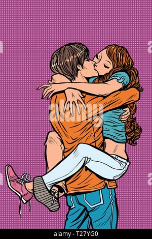 Matura in amore abbracci appassionato bacio. man tenendo la donna nelle sue braccia Illustrazione Vettoriale