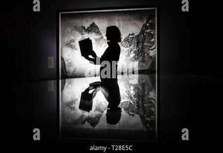 Assistente galleria Emma Woolfrey legge un programma espositivo come ella si è riflessa in una vetrina di fronte a un lavoro di artista Emma Stibbon, parte del Ruskin, Turner e la tempesta Cloud: acquerelli e disegni mostra che ha aperto questo weekend al York Galleria d'arte. Foto Stock