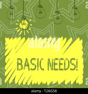 La grafia la scrittura di testo alle esigenze di base. Foto concettuale di misurazione assoluta povertà nei paesi in via di sviluppo serie di lampadine trasparenti appese con F Foto Stock