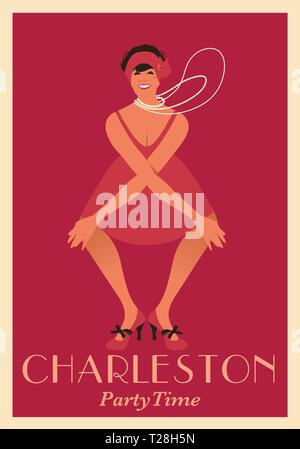 Poster del flapper girl indossare collane lunghe ballando Charleston. Charleston tempo di festa. Illustrazione Vettoriale