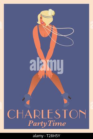 Poster del flapper girl indossare collane lunghe ballando Charleston. Charleston tempo di festa. Illustrazione Vettoriale