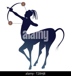 Tribal zodiac. Sagittario. Centauro, metà uomo e metà cavallo, con arco e frecce nella posa di scatto Illustrazione Vettoriale