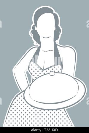 Retrò casalinga cucinare indossando polka dot dress mostra un piatto o vassoio Illustrazione Vettoriale