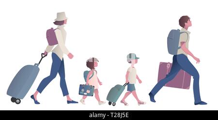 Famiglia in viaggio con le valige, zaini e carrelli, isolati su sfondo bianco. Illustrazione Vettoriale