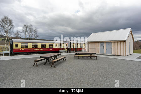 Carrozze ferroviarie convertito in ristorante a Grantown East Highland patrimonio e centro culturale a Grantown on Spey Highland Scozia UK Foto Stock