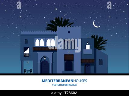 Vista notturna del mediterraneo, in arabo o in stile marocchino case, palme e la luna su sfondo stellato Illustrazione Vettoriale