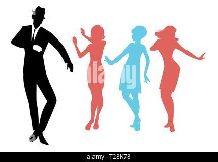 Eleganti sagome di persone che indossano vestiti degli anni sessanta dancing 60s style isolati su sfondo bianco Illustrazione Vettoriale