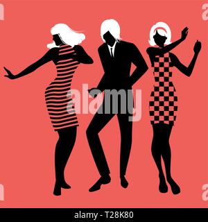 Eleganti sagome di persone che indossano vestiti degli anni sessanta dancing 60s stile su sfondo rosso Illustrazione Vettoriale