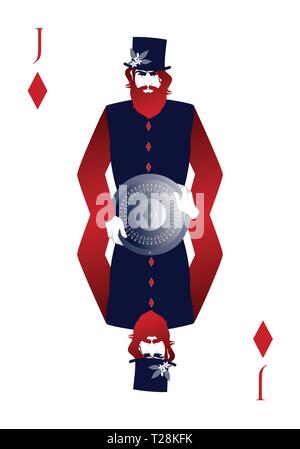 Jack di diamanti con un top hat tenendo uno scudo con il simbolo del diamante nel centro. Isolato su sfondo bianco. Illustrazione Vettoriale