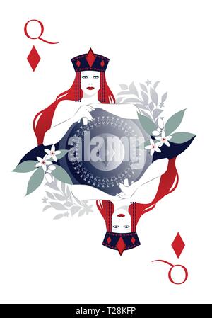 Regina dei diamanti con una corona tenendo uno scudo con il simbolo del diamante nel centro e circondato da fiori. Isolato su sfondo bianco. Illustrazione Vettoriale