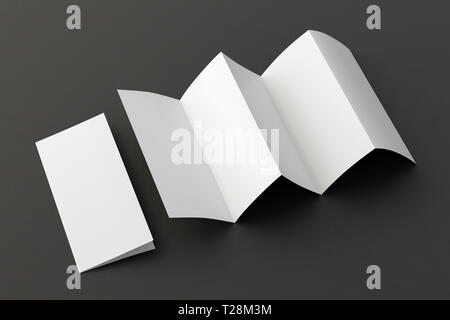 Blank cinque volte, dieci pagine opuscolo opuscolo su sfondo nero con percorso di clipping intorno a fisarmonica o a zig-zag e dispiegato brochure. 3D illust Foto Stock