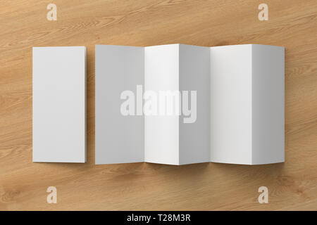 Blank cinque volte, dieci pagine opuscolo opuscolo su sfondo di legno con percorso di clipping intorno a fisarmonica o a zig-zag e dispiegato brochure. 3D illus Foto Stock