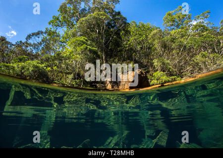 Sopra-sotto la foto di un cristalline del fiume sulla costa dimenticati nella laguna sud Unseco Sito Patrimonio Mondiale, Nuova Caledonia. Foto Stock