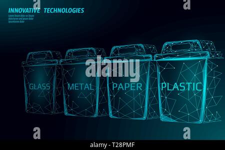 Bassa poli di separazione dei rifiuti 3D concetto. Il riciclo di rifiuti di plastica carta di alluminio contenitore in vetro bin. Ecologico poligonale salvare il pianeta campagna. Urban Illustrazione Vettoriale