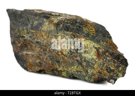 Il minerale di uranio (pitchblende con uranophane) da Australia isolato su sfondo bianco Foto Stock