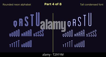 Condensato neon blu font, arrotondato. Vettore di set di caratteri tipografici in delineato e riempito di stili, parte 4 di 8. Neon alfabeto maiuscole strette con lettere, numbe Illustrazione Vettoriale