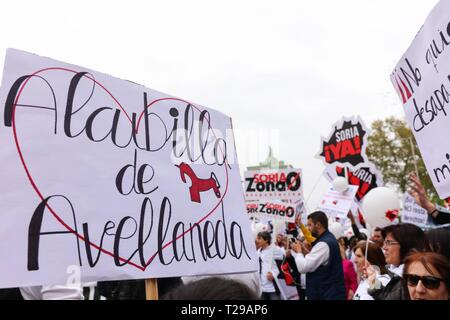 Madrid, Spagna. 31 Mar, 2019. I partecipanti si vede con cartelli del nome della loro città. 'La Revuelta de la España Vaciada' dalla Plaza de Colón di Madrid al Neptuno con una massiccia partecipazione che rende questo marzo storico, poiché è la prima volta che 90 collettivi da 23 province si riuniscono per arrestare lo spopolamento Cordon Premere Credito: CORDON PREMERE/Alamy Live News Foto Stock