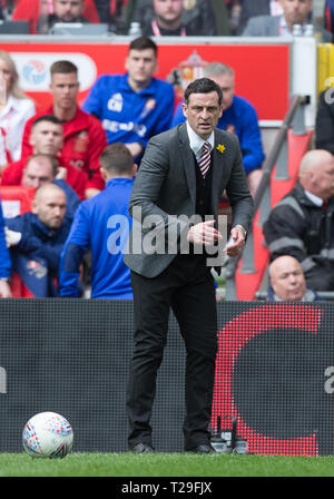 Sunderland manager Ross Jack durante il Trofeo Checkatrade partita finale tra Sunderland e Portsmouth al Wembley Stadium di Londra, Inghilterra il 31 marzo 2019. Foto di Andy Rowland. Foto Stock