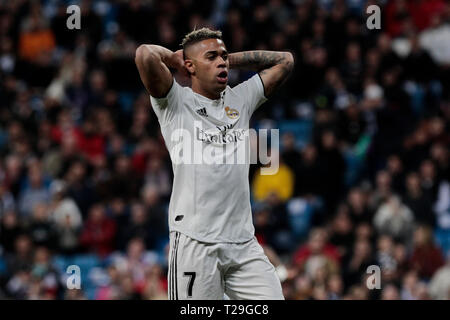 Del Real Madrid in Mariano Diaz reagisce durante La Liga match tra il Real Madrid e SD Huesca a Stadio Santiago Bernabeu di Madrid in Spagna. Punteggio finale: Real Madrid 3 - SD Huesca 2. Foto Stock