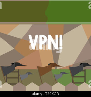 La scrittura della nota mostra VPN. Il concetto di Business fissati per la rete privata virtuale attraverso il dominio riservati protetti colorato Pennant Streamer bandiera Sti Foto Stock