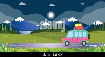 Auto berlina con le valigie su padiglione guidando su strada sul paesaggio bello sfondo con montagne, laghi e foreste in tempo di notte durante l'estate. Fa Illustrazione Vettoriale