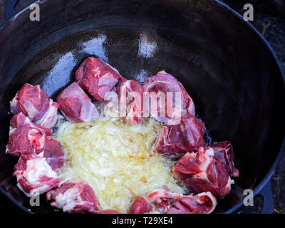 Per le cipolle arrosto nel calderone sono aggiunti pezzi di agnello, che vengono tostate per ottenere una crosta dorata. -Pilaf è realizzato a partire da carne di agnello o di manzo, riso, carota Foto Stock