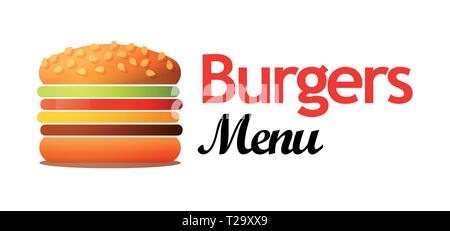 Logotipo per Cafe con hamburger e altri alimenti per pranzo. Illustrazione di vettore isolato su sfondo bianco sembra buona e su sfondo scuro in EPS10. Illustrazione Vettoriale