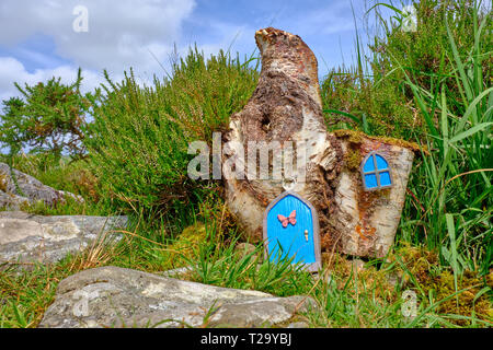 Piccolo porta e finestra aggiunta a un registro per creare una fata casa entro la boccola verde in Irlanda Foto Stock