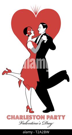 Charleston Party il giorno di San Valentino la danza. Paio di indossare abiti retro ballando Charleston. Grande cuore isolato su sfondo bianco. Illustrazione Vettoriale