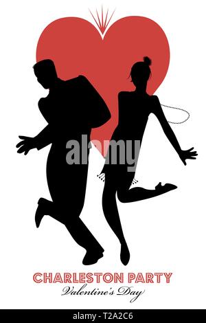 Charleston Party il giorno di San Valentino la danza. Paio di indossare abiti retro ballando Charleston. Grande cuore isolato su sfondo bianco. Illustrazione Vettoriale