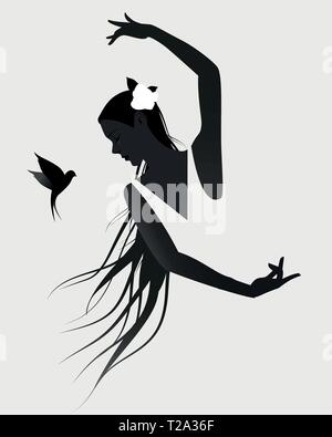 Silhouette di ballerino spagnolo di flamenco indossando un fiore nella sua lunga criniera e battenti swallow su sfondo bianco Illustrazione Vettoriale