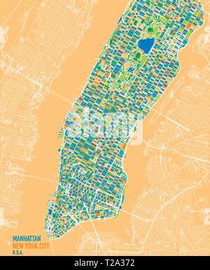 Mappa satellitare di New York City, sull'isola di Manhattan. Quartieri e i blocchi colorati. Strade e centro citta'. La vista satellitare. Poster colorati mappa Illustrazione Vettoriale