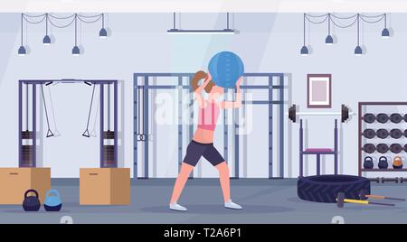 Donna sportivo facendo esercizi crossfit con la medicina in pelle ragazza a sfera formazione allenamento cardio nozione moderna palestra health studio club interno Illustrazione Vettoriale