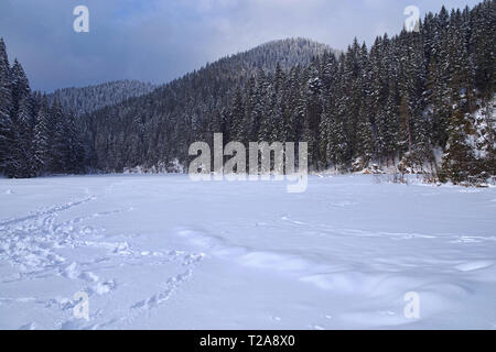 Lago ghiacciato tra le montagne coperte di neve Lago Rosso in Romania, paesaggio invernale. Foto Stock