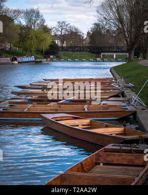 Cambridge, Regno Unito: barche ormeggiata lungo la riva del fiume Cam, durante la primavera. Foto Stock