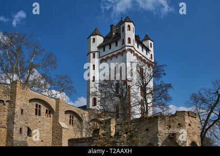 Visualizzare al castello di Eltville vicino al fiume Rhein presso la famosa zona viticola Rheingau, Germania. Foto Stock