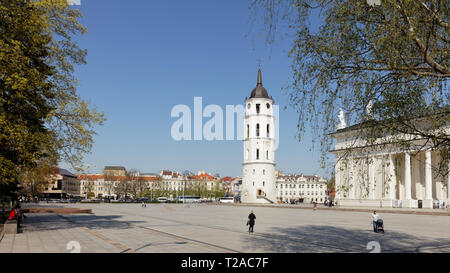 Vilnius, Lituania - 6 Maggio 2017: le persone nella piazza della cattedrale contro il campanile della cattedrale di Vilnius. Campanile fu eretto sui resti di precedenti Foto Stock