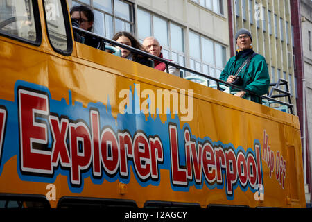 Explorer Liverpool open top hop on hop off tourist double decker bus Foto Stock