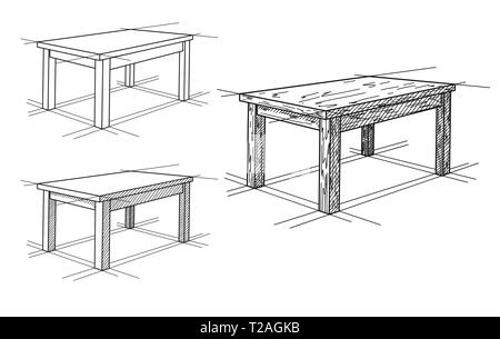Schizzo realistico di diverse tabelle in prospettiva. Tabella set. Illustrazione Vettoriale Illustrazione Vettoriale