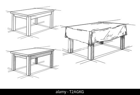 Schizzo realistico di diverse tabelle in prospettiva. Tabella set. Illustrazione Vettoriale Illustrazione Vettoriale