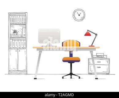 Sedia da ufficio, scrivania, vari oggetti sul tavolo. Area di lavoro in stile appartamento. Illustrazione Vettoriale Illustrazione Vettoriale