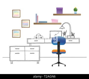 Sedia da ufficio, scrivania, vari oggetti sul tavolo. Area di lavoro in stile appartamento. Illustrazione Vettoriale Illustrazione Vettoriale